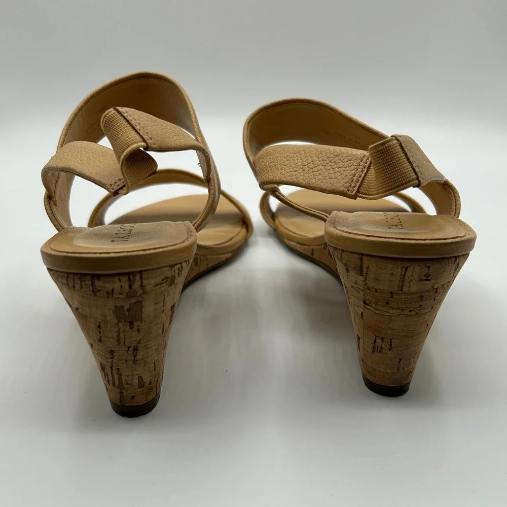 Talbots Tan Pebbled Leather Cork Wedge Slingback Sandals 11M Brazil Quiet Luxury